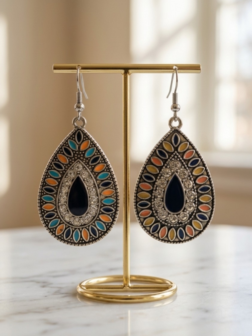 Boho Teardrop Earrings with Navy Center and Multicolor Accents